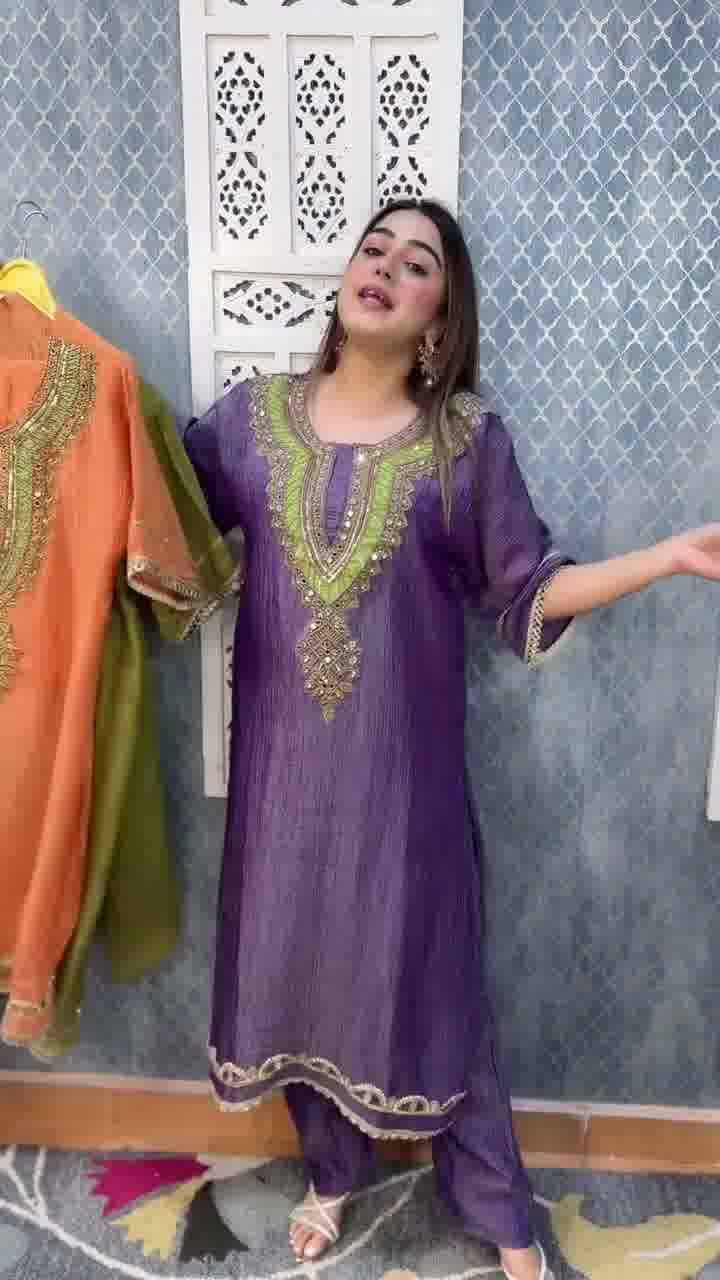 Stylish Embroidered Kurta Set with Heavy Neck Work