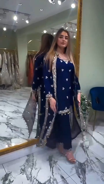 Royal Navy Blue Embroidered Designer Suit Set with Elegant Dupatta