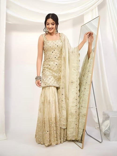 Elegant Cream Pearl Glow Designer Sharara Set
