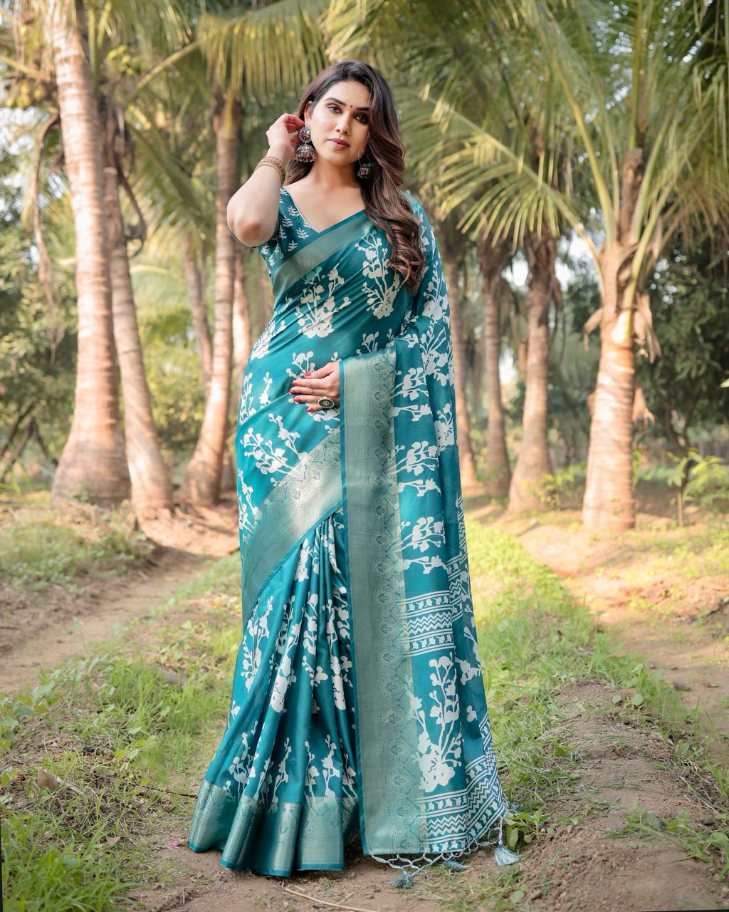 Beautiful Rich Pallu Digital Printed Sky Blue Jacquard Work Silk Saree