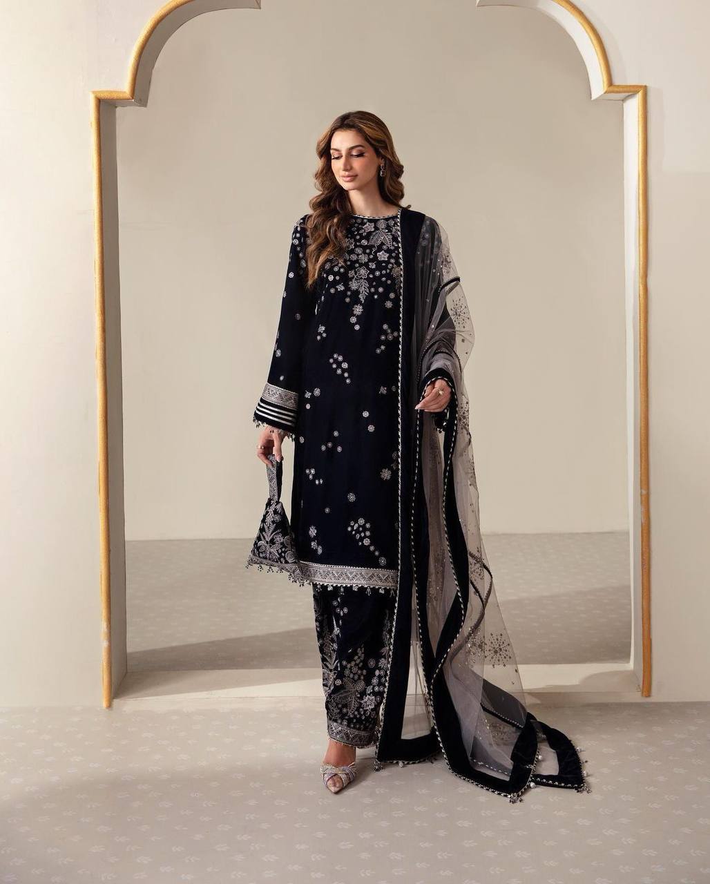 Exclusive Blue Velvet Embroidery Work Pant Suit With Dupatta