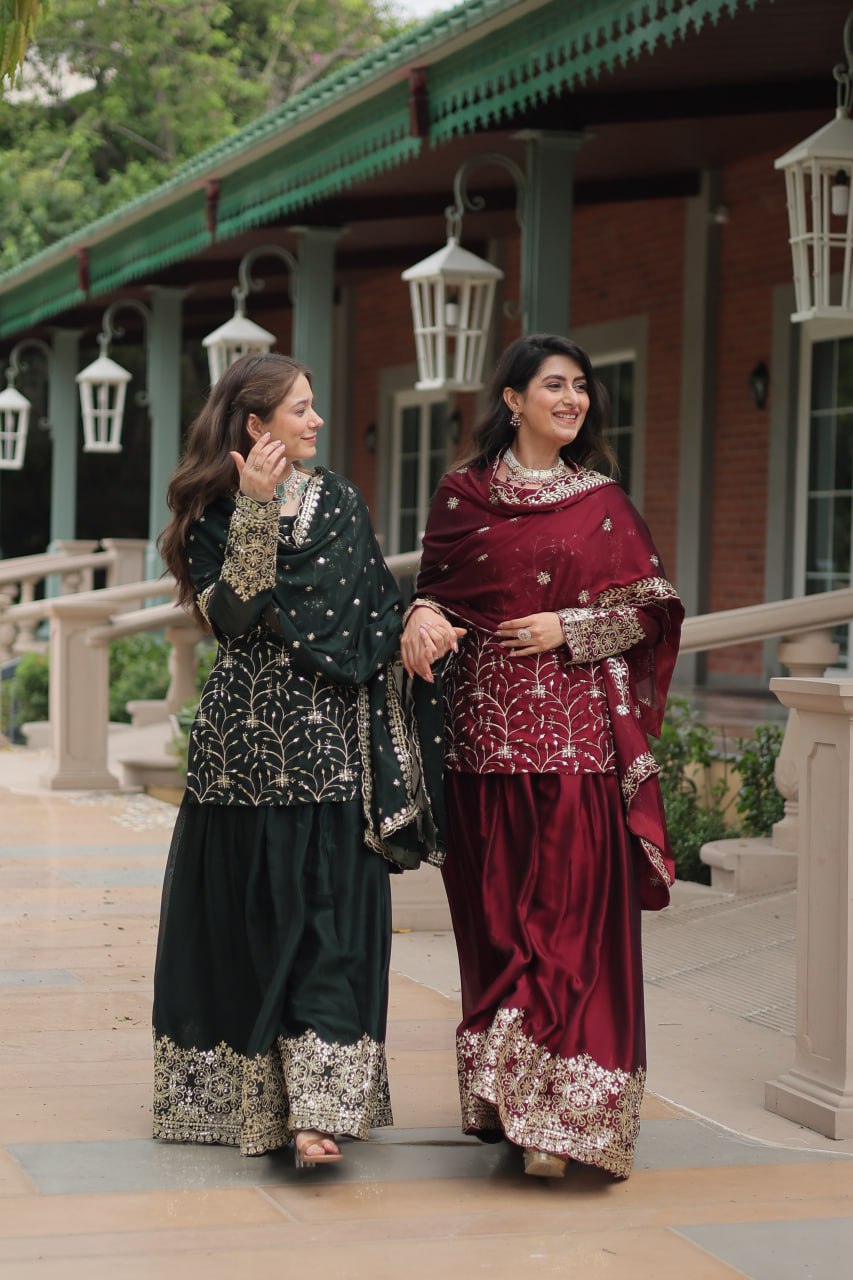 RANGOLI SILK SEQUENCE THREAD WORK KURTI ,PLAZOO & DUPATTA