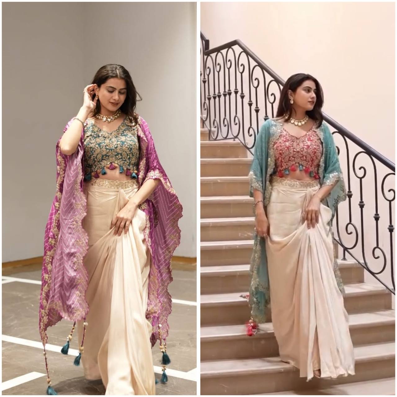 Presetting Western Style Chinon Silk Shrug With Skirt Set For Festive Wear