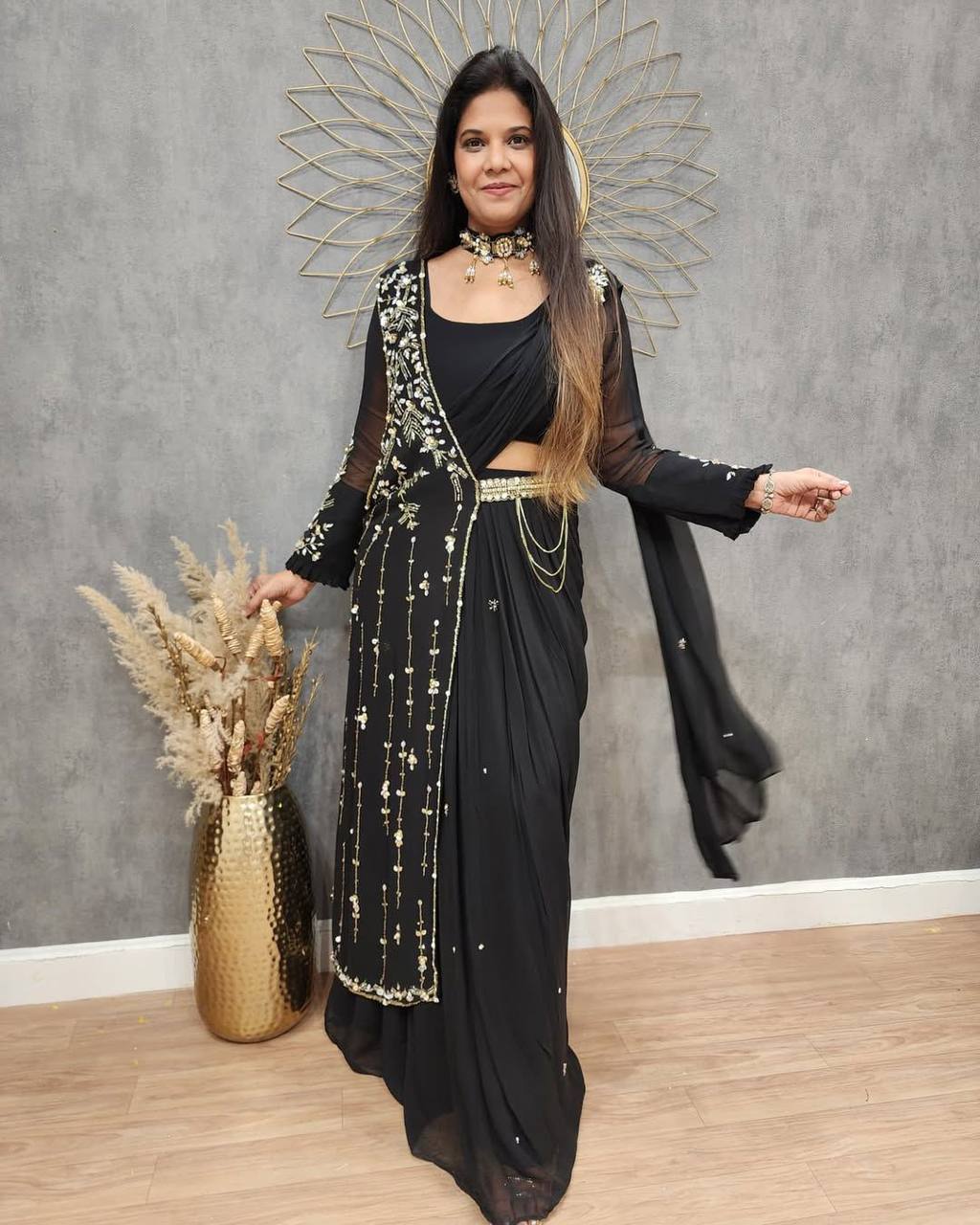 UNIQUE FAUX GEORGETTE LEHENGA SAREE WITH BLOUSE & FANCY SHRUG
