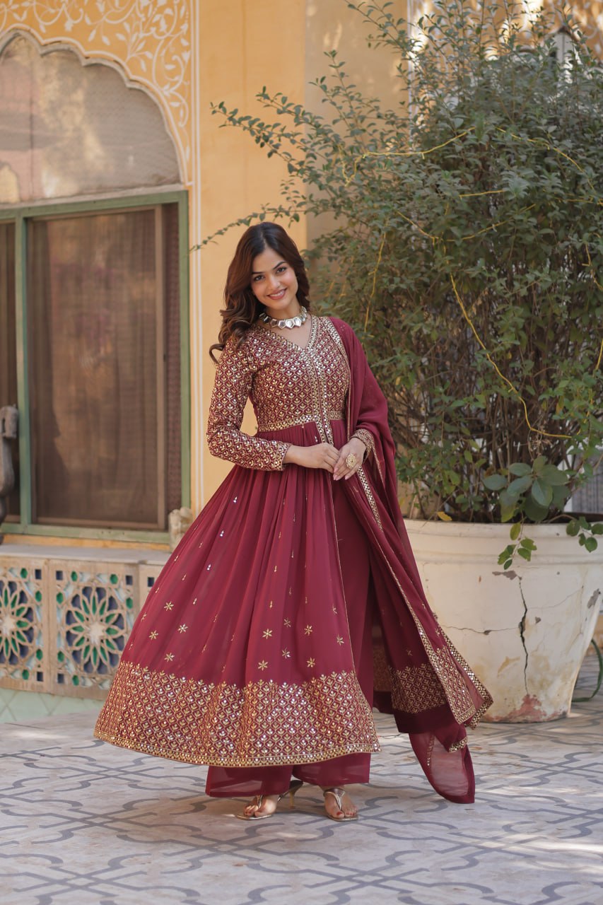 Arresting Faux Georgette With Embroidered Work Gown