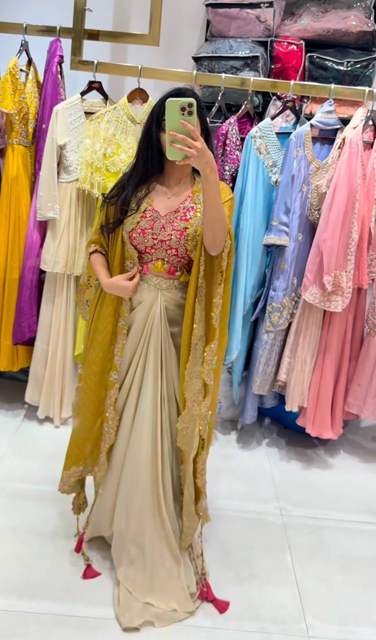 Exclusive Western Style Chinon Silk Shrug With Skirt Set For Festive Wear