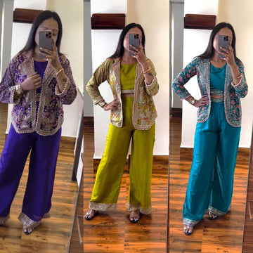 Trending Embroidered  Koti Blouse  With  Stitch Plazzo