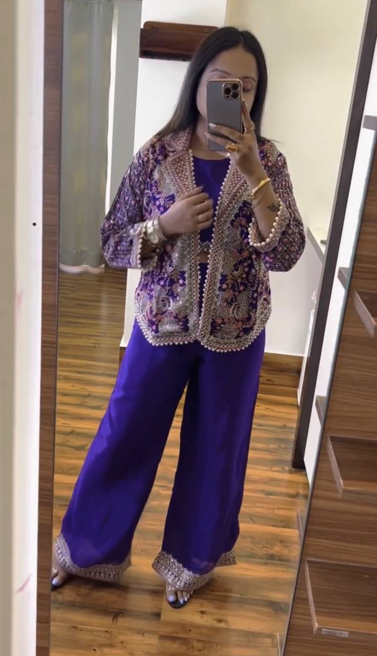 Trending Embroidered  Koti Blouse  With  Stitch Plazzo