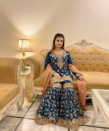 Blue Elegant Fox Georgette Embroidered Sharara Suit With Dupatta