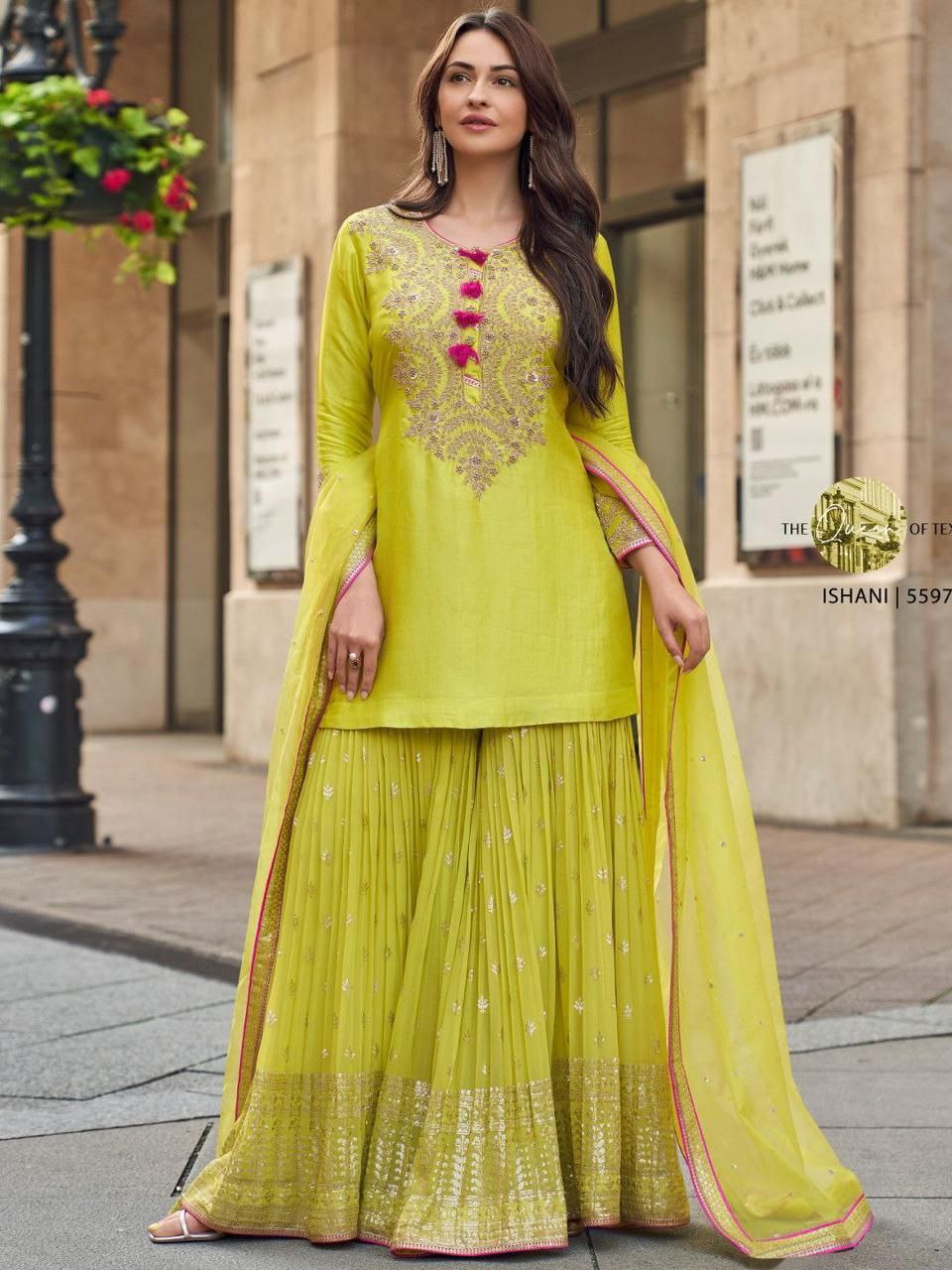 Ivory Mustard Yellow Embroidered Pallazo Set