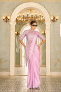 Draped view of pre-stitched saree showing pleats and pallu fall

