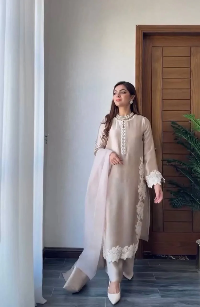Designer Ivory Silk Top & Palazzo Set with Dupatta