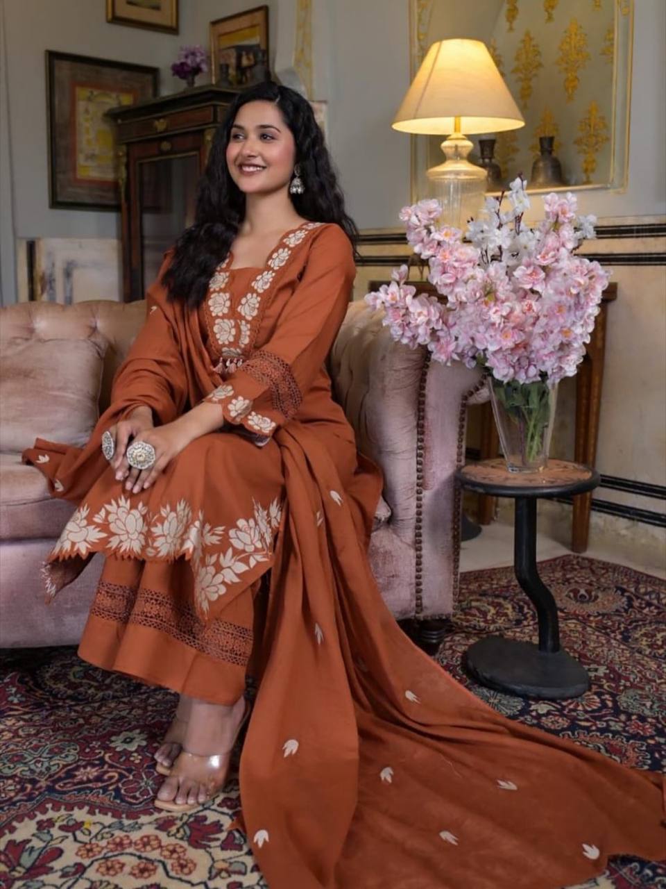 Rust Elegance Traditional Charm Top ,Pant With Dupatta Pair