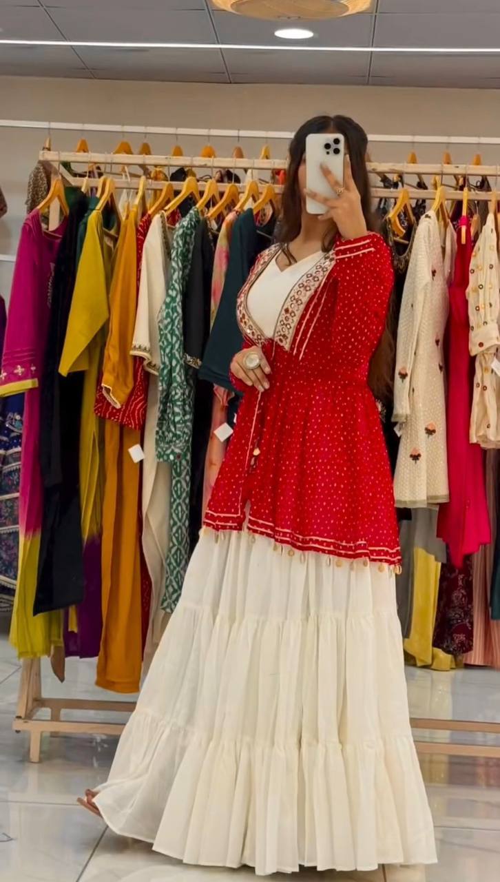 Navratri Special Red Peplum Top with White Flared Skirt Set