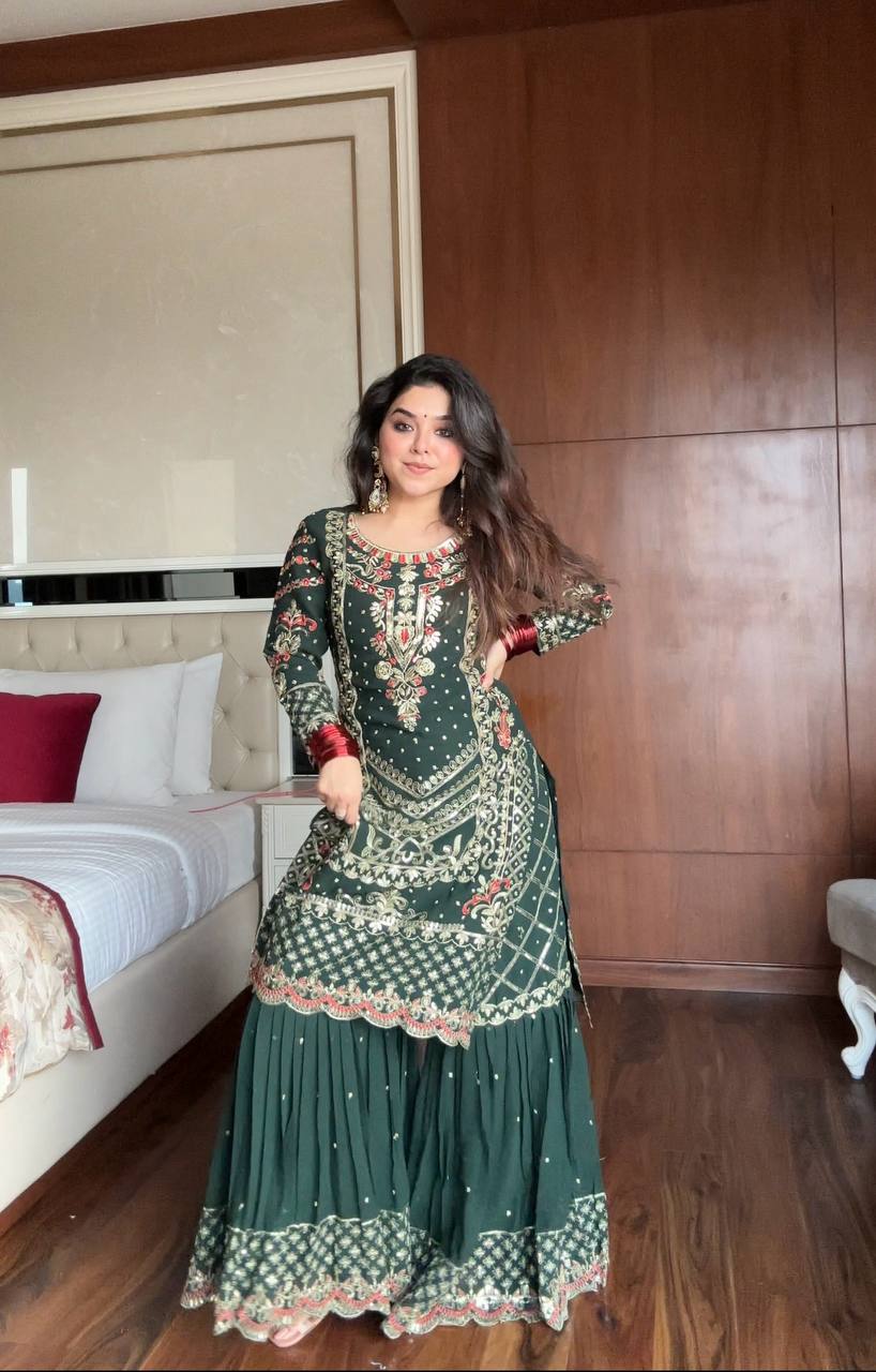 Elegance in Green & Red Sharara Set With Duppta