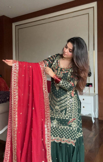 Elegance in Green & Red Sharara Set With Duppta