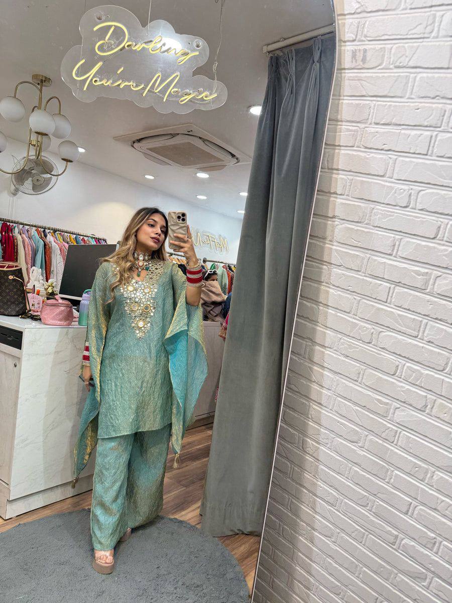 "Designer Mauve Mirror Work Kurta Set with Flared Pants and Cape Sleeves"