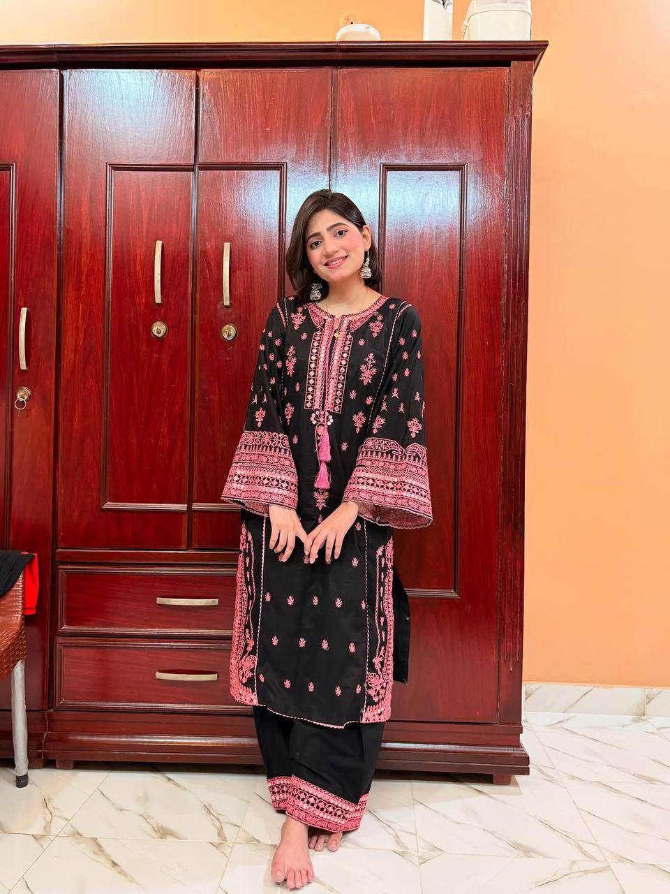 Classic Black Kurta Set with Intricate Pink Threadwork