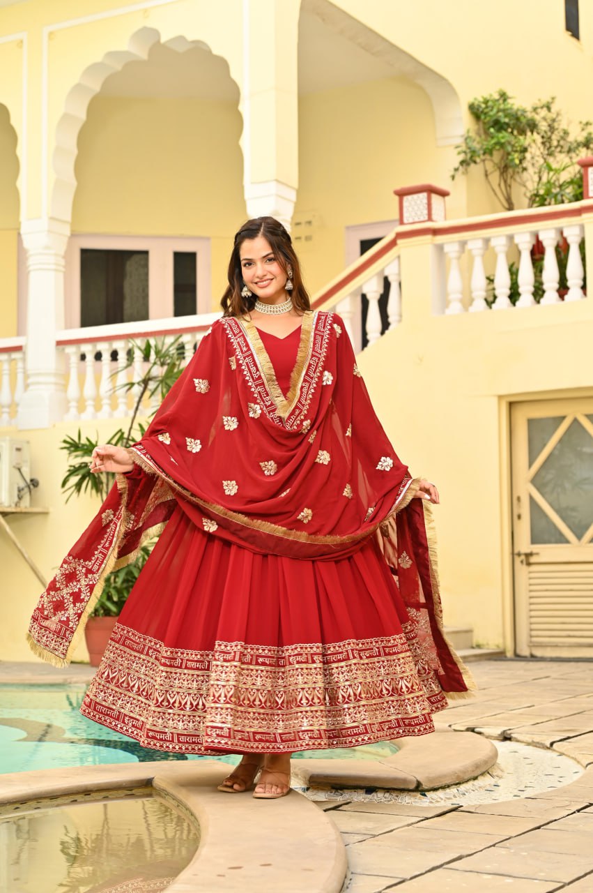 Regal Red Anarkali Gown With Traditional Embroidered Dupatta