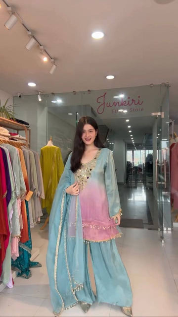 "Blush Breeze Elegance In Teal & Pink Mirror Work Kurti Plazo"