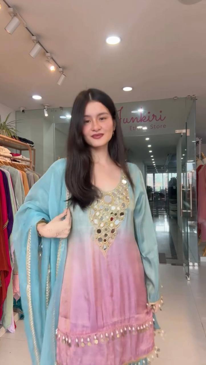 "Blush Breeze Elegance In Teal & Pink Mirror Work Kurti Plazo"