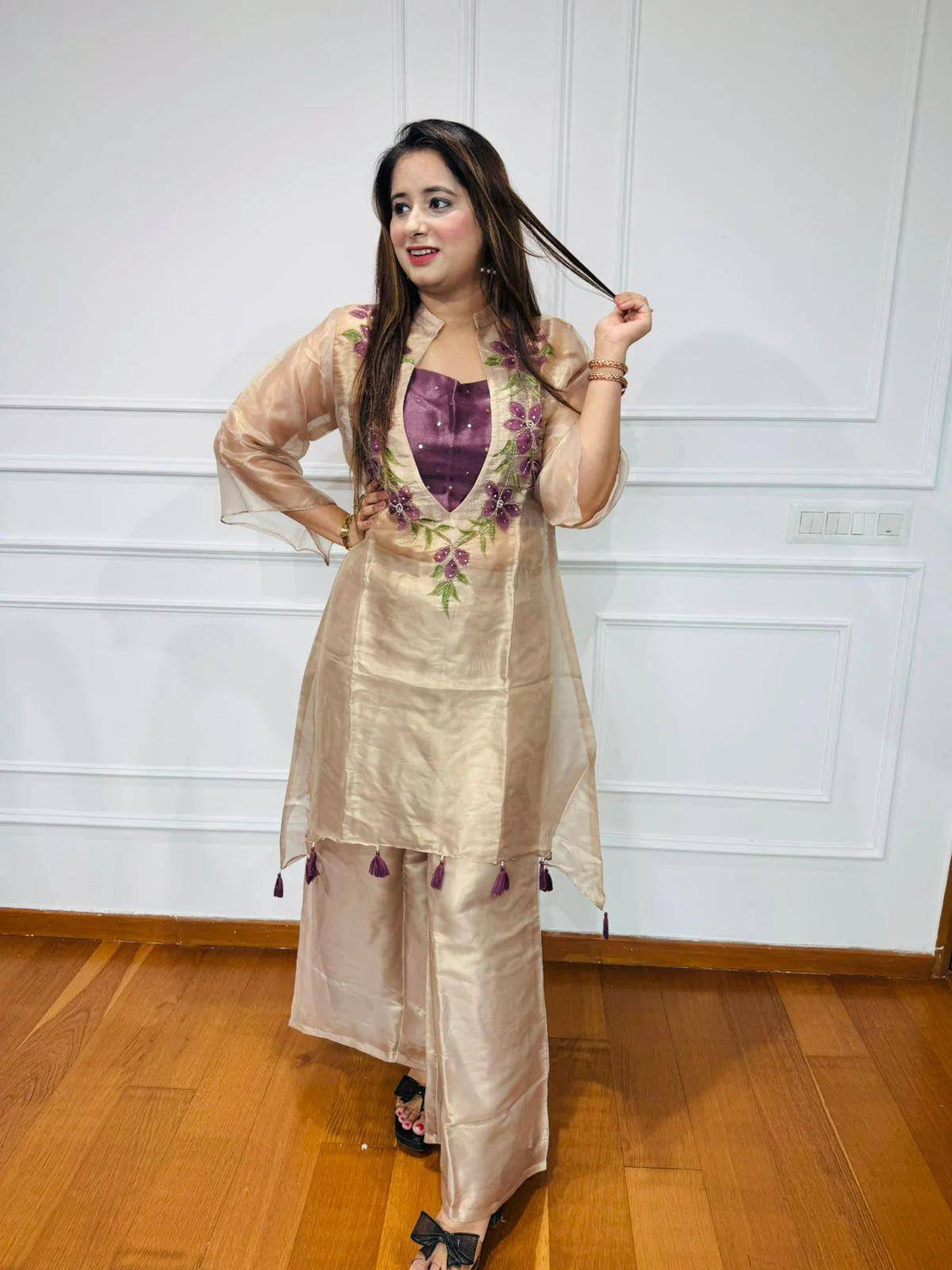 Soft Silk Floral Work Partywear 3-Piece Kurti Set