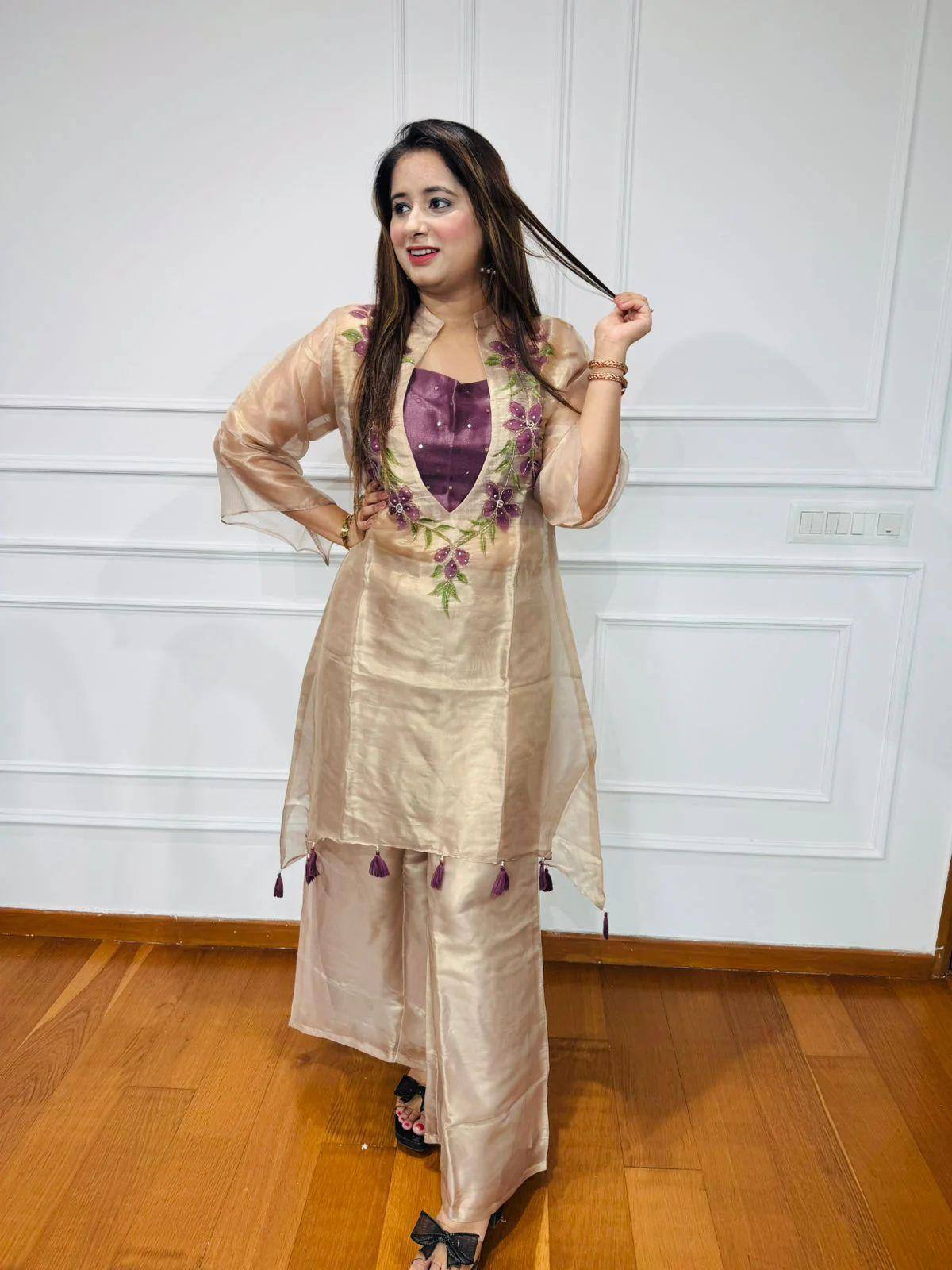 Soft Silk Floral Work Partywear 3-Piece Kurti Set