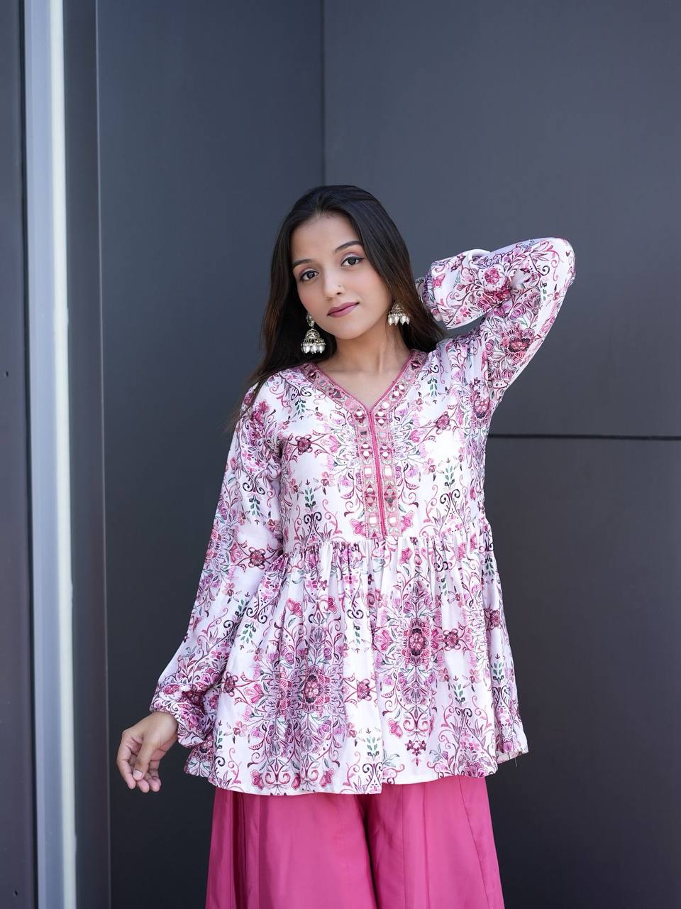 Elegant Floral Peplum Kurti with Wide-Leg Palazzo