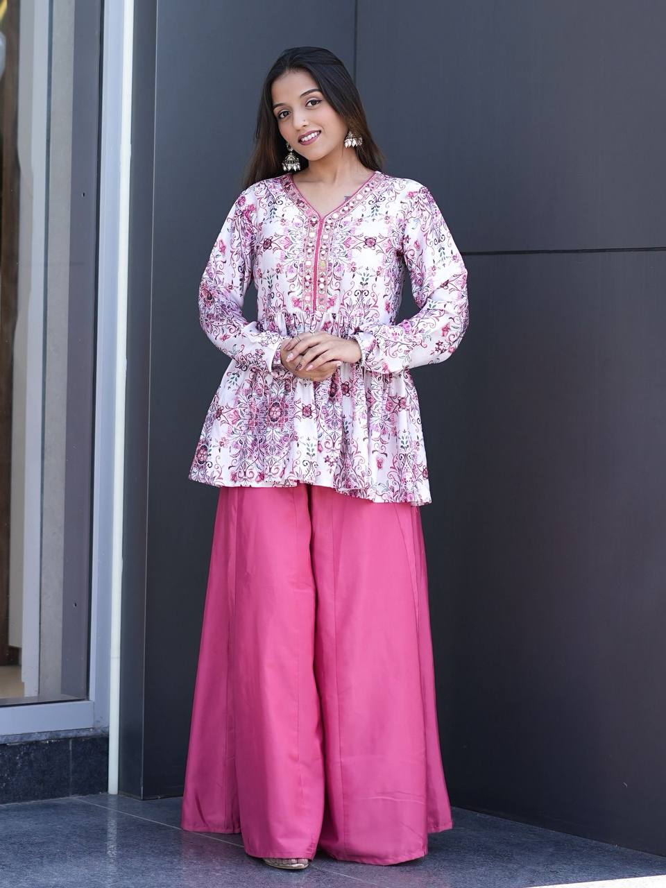 Elegant Floral Peplum Kurti with Wide-Leg Palazzo