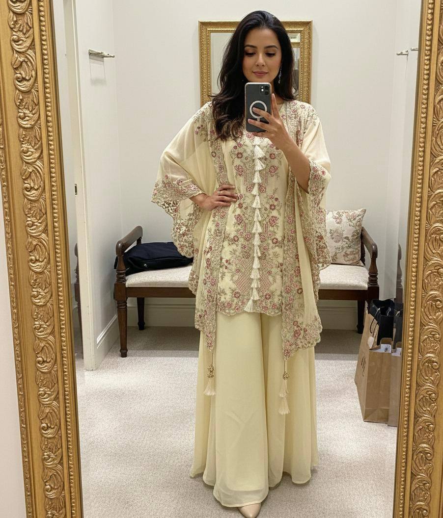 Charming Georgette Kurta Plazzo Pair with Shrug Perfect for Celebrations