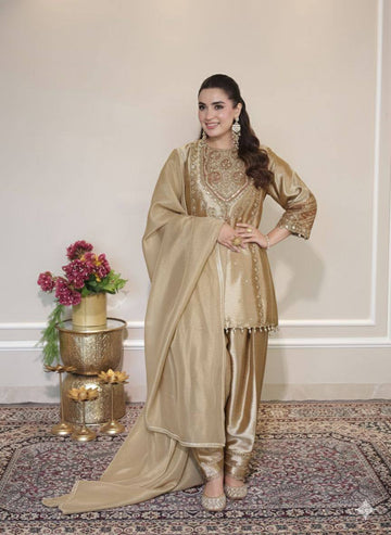 Royal Gold Embroidered Suit Set With Duptta