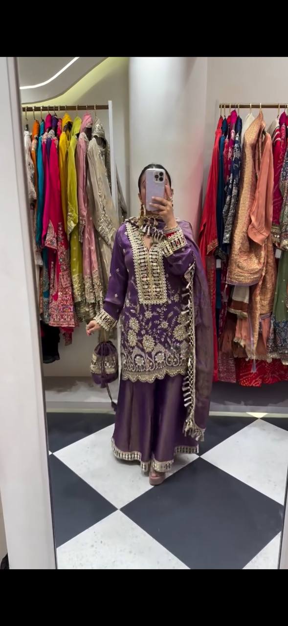 Designer Kurti Plazzo Set with Real Mirror Embroidery & Dupatta