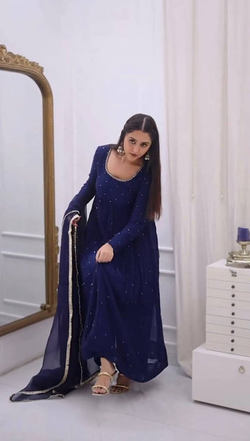 Royal Blue Embellished Anarkali Set With Dupatta