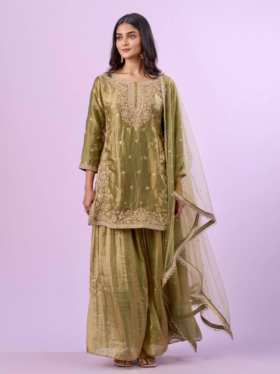 Festive Silk Kurta Palazzo Suit with Embroidery