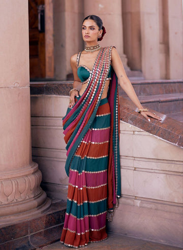 Bollywood-Inspired Faux Georgette Saree with Original Mirror Work Description