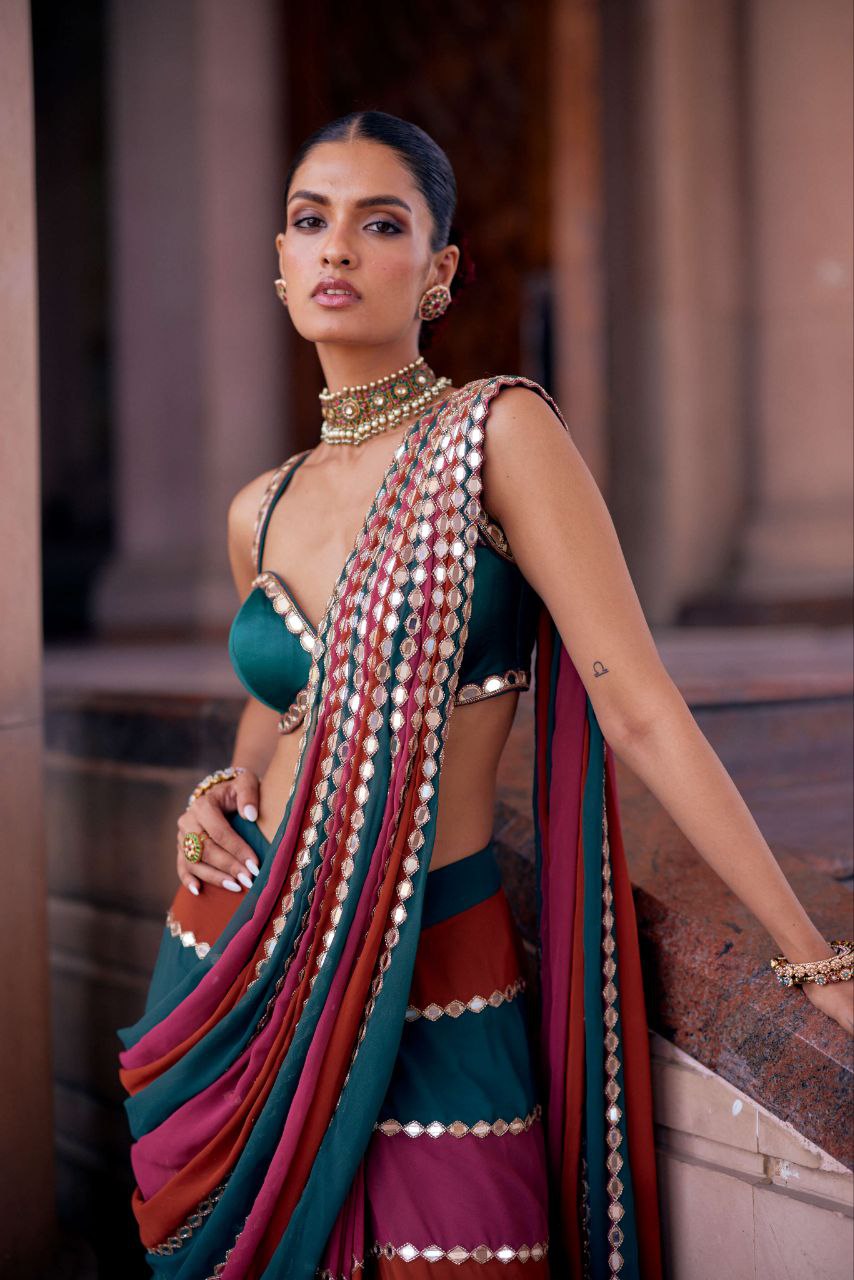 Bollywood-Inspired Faux Georgette Saree with Original Mirror Work Description