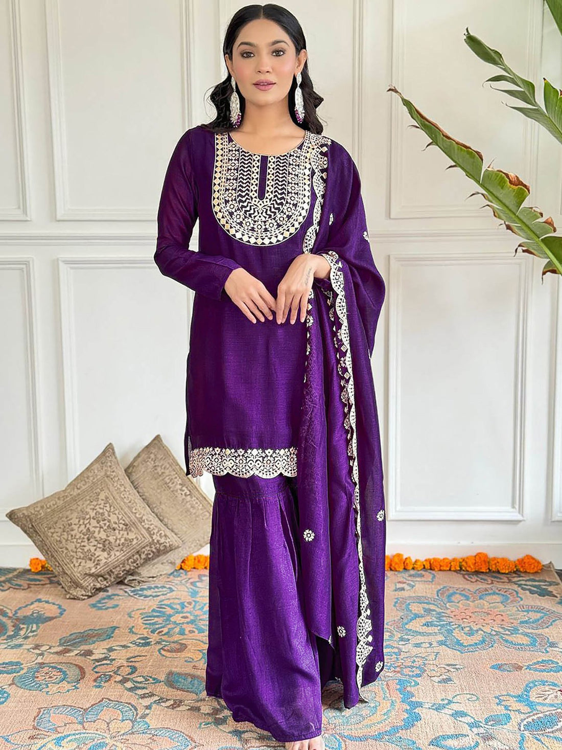 Royal Look Chinon Sharara Suit Set With Dupatta