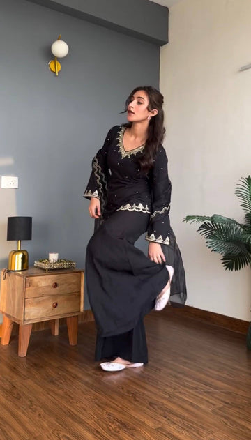 Embroidered Roman Silk Kurti Plazzo Set with Tissue Silk Dupatta