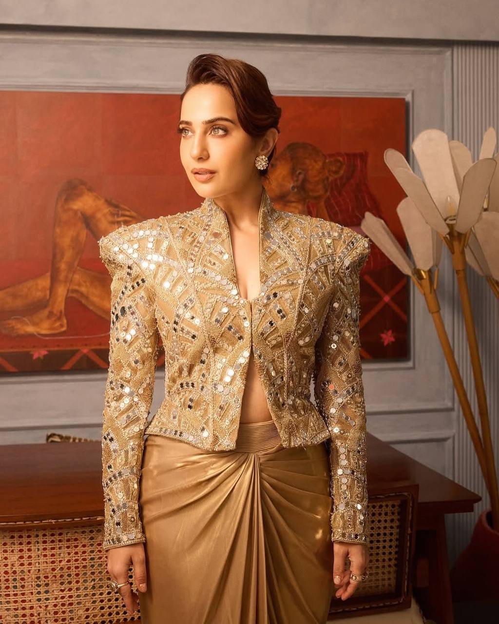 Aurevia Mirrorwork Koti Dhoti Set in Golden Foil Silk