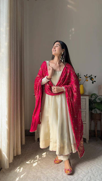 Exclusive 3 Piece Chinon Gown Set with Plazzo & Printed Dupatta
