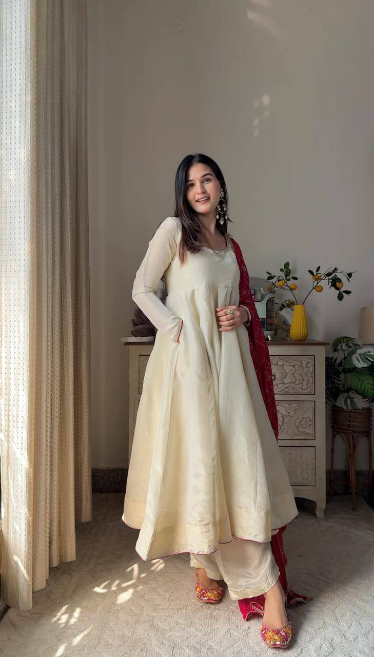 Exclusive 3 Piece Chinon Gown Set with Plazzo & Printed Dupatta