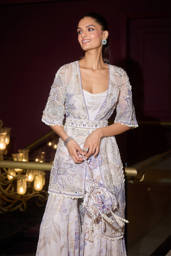 "Women’s designer Sharara set with embroidered jacket and belt for weddings"
