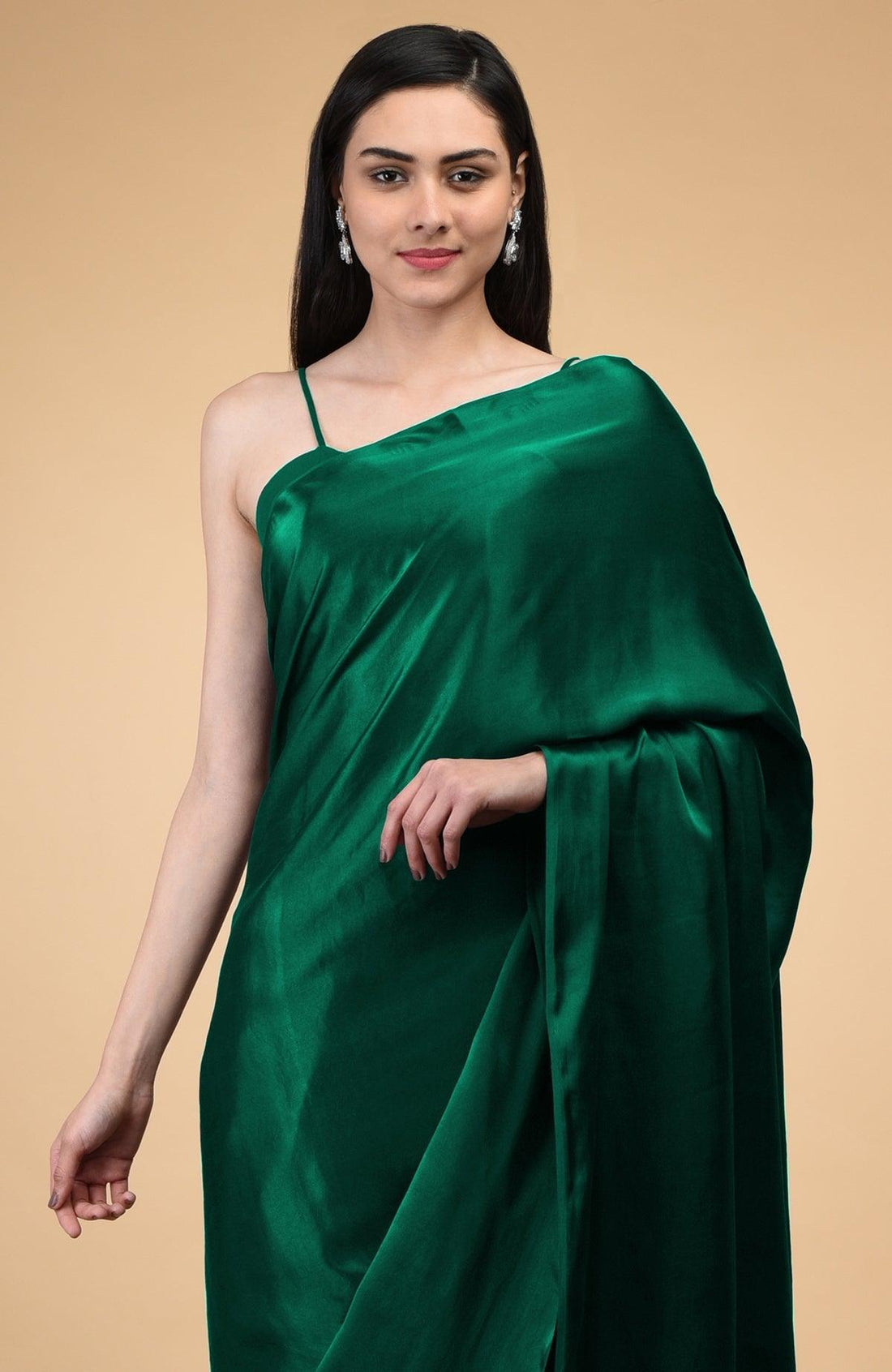 1-MIN READY TO WEAR EMERALD GREEN Satin Silk Saree With Handmade Tassels On Pallu - Eva Store New