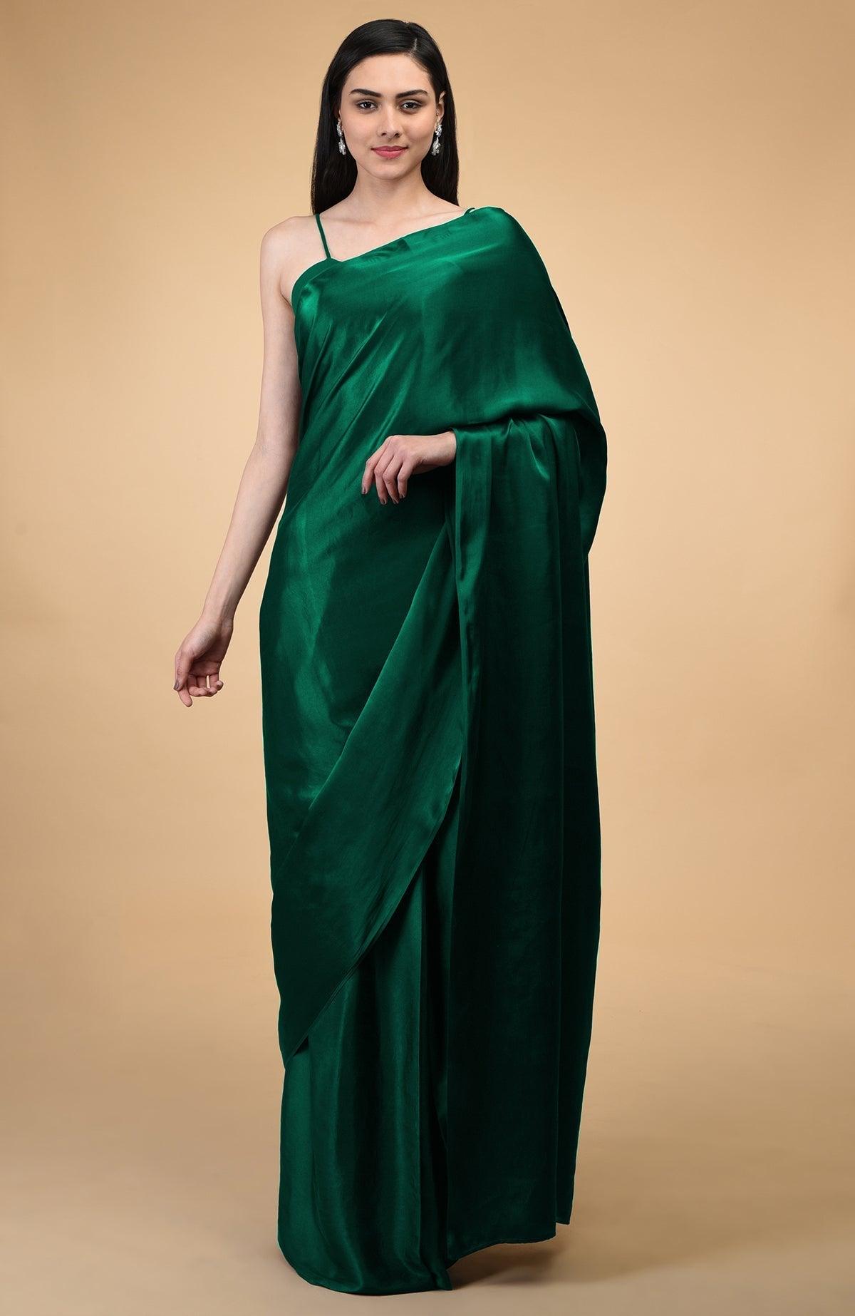 1-MIN READY TO WEAR EMERALD GREEN Satin Silk Saree With Handmade Tassels On Pallu - Eva Store New