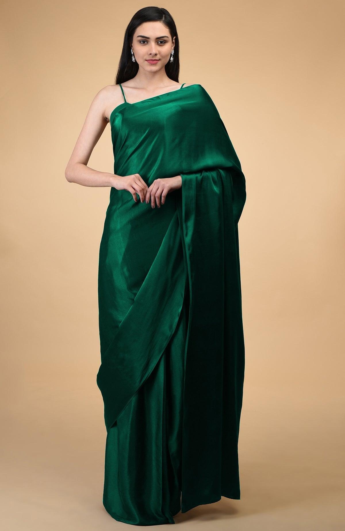 1-MIN READY TO WEAR EMERALD GREEN Satin Silk Saree With Handmade Tassels On Pallu - Eva Store New